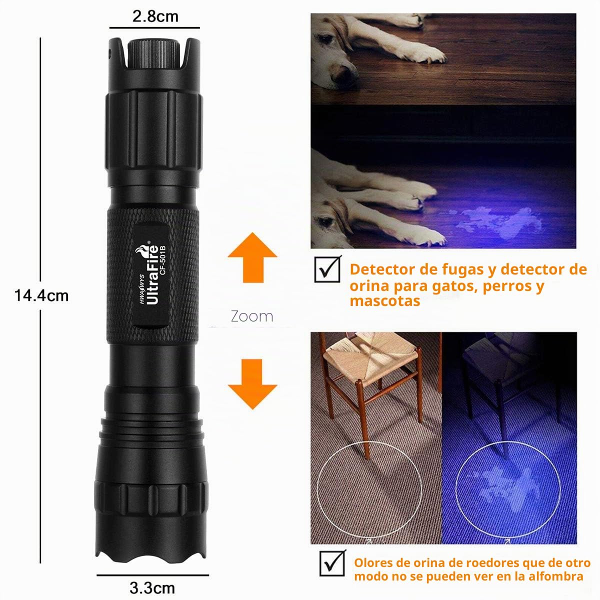 Ultrafire Linterna UV 395-405 nm Luz UV con Regulación de Intensidad Continua, Lámpara Ultravioleta de Enfoque Ajustable, para Curado de Resinas, Detección de Fugas, Manchas de Orina de Mascotas