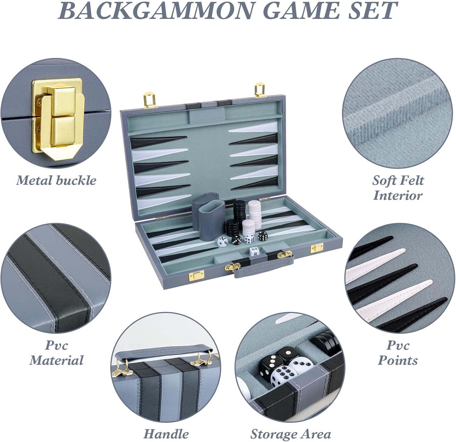Backgammon Set 2 Players Classic Backgammon Sets for Adults Board Game with PU Leather Case Portable and Travel Backgammon Set (Grey, 15inch)