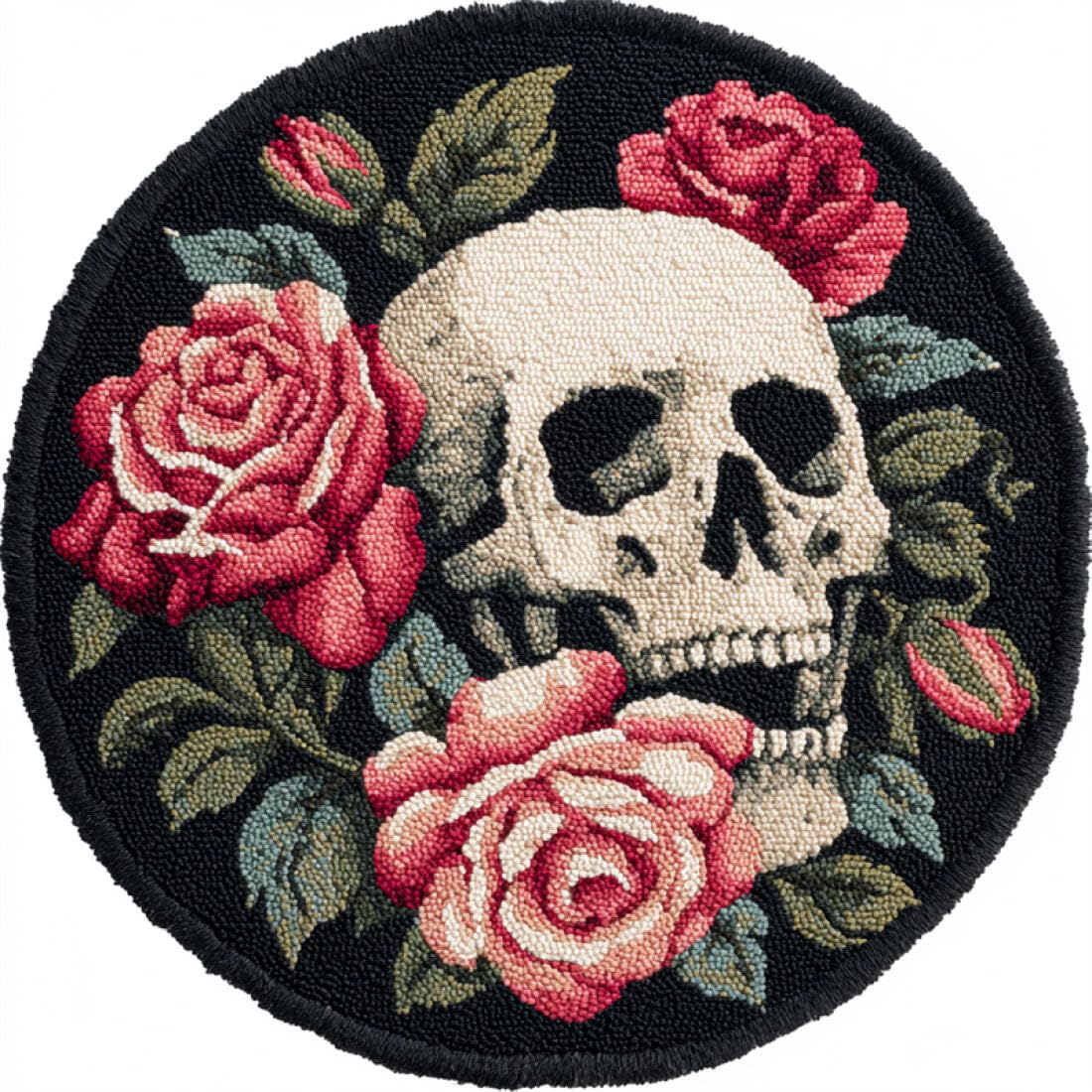 Rqwybcaxn DIY Rug Latch Hook Kits for Adults Needlework Kit Skulls and Flowers 50x50cm Round Washable Area Rug Living Room Wall Hanging