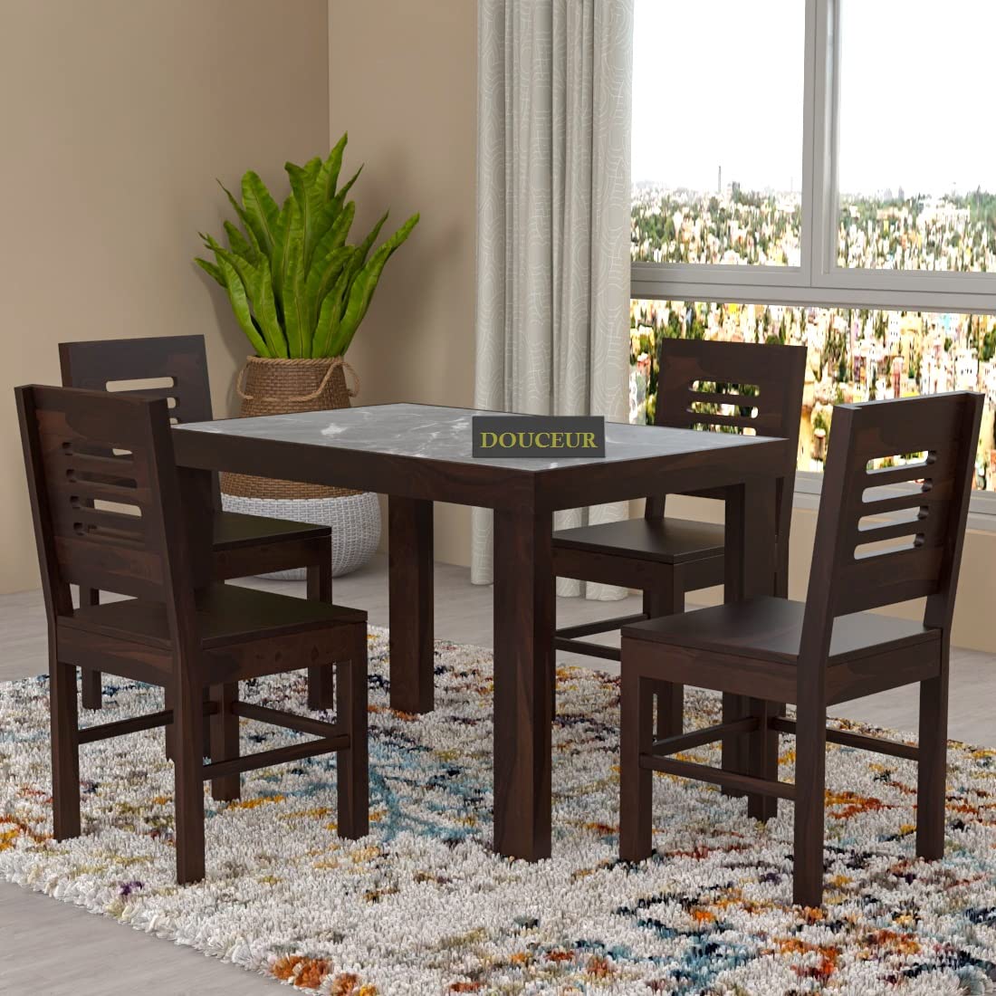 Douceur Furnitures Solid Wood Marble Top Finish 4 Seater Dining | Four Seater Dining Set | Wooden Dining Set (Medium8)-image-4