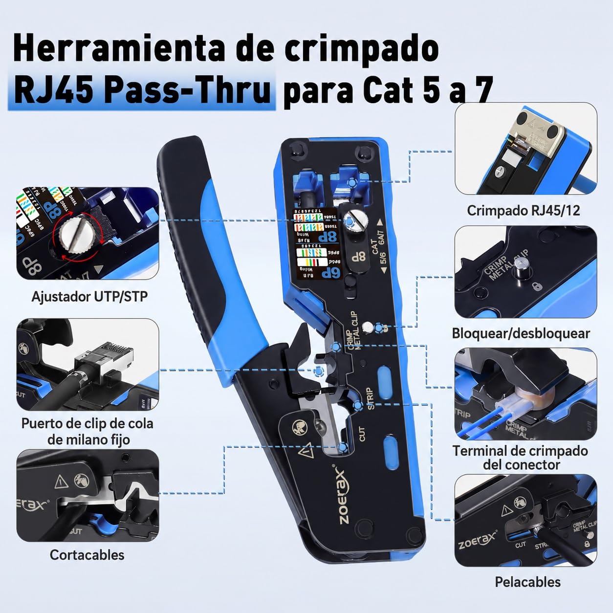Juego de herramientas de red profesional 14 en 1: pinzas engarzadoras RJ45, Cat6 passthrough y botes protectores, probador de cables, pelacables, herramientas de perforación Ethernet