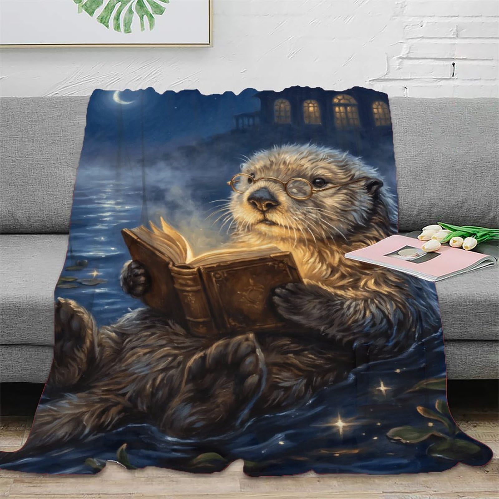 W7C8U2X3 Moonlit Reading Otter Throw Blanket, Flannel, TV, Cozy Reading Art