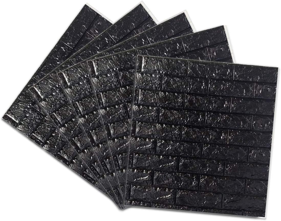 5-Pack 3D Wall Panels Wall Stickers,(30.3x27.6 inch) Waterproof XPE Foam 3D Brick Easy Self-Adhesive for Interior Wall Decoration Brick Design Soft Panels (Black)