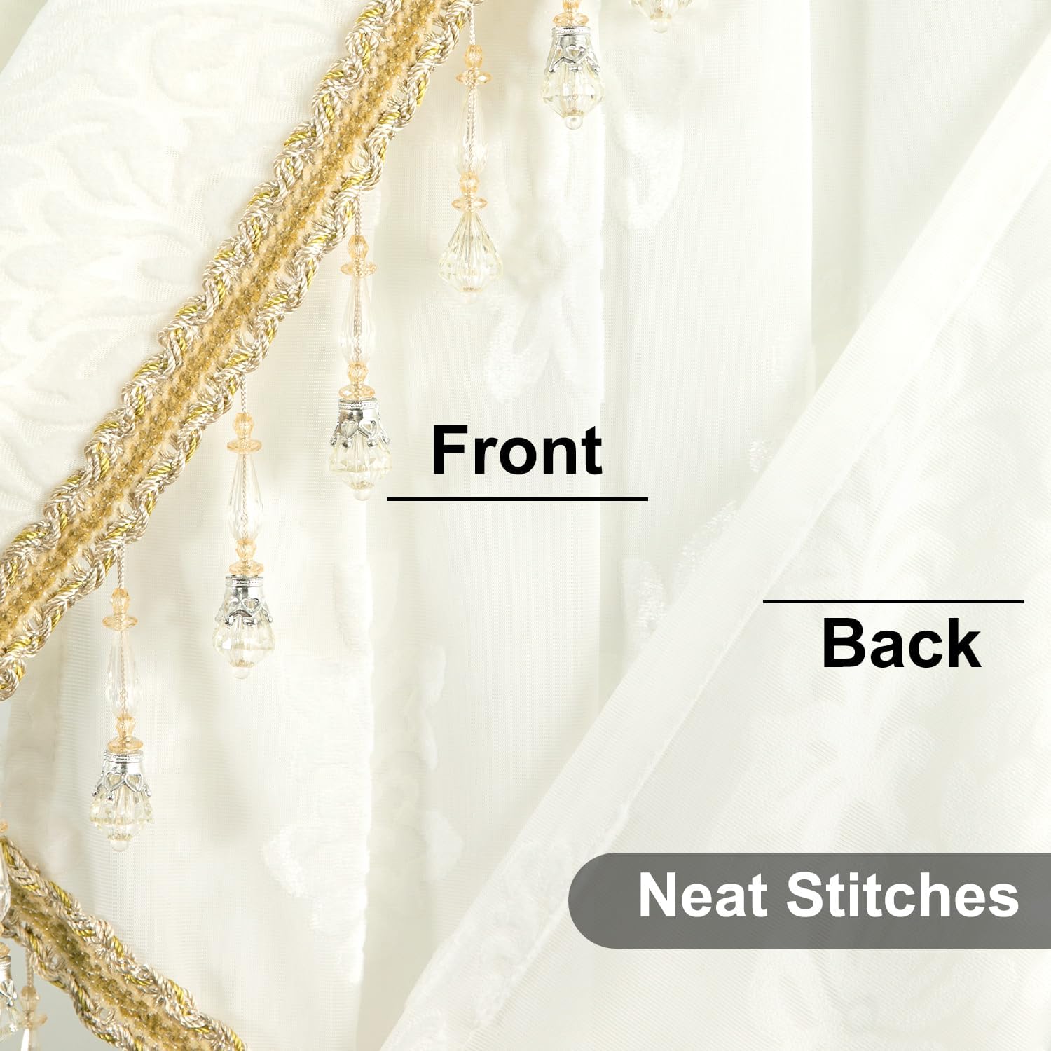 VOGOL Damask Jacquard Valances for Windows, Wrinkle Free Sheer White Waterfall Valance with 2 Swags, Luxury European Beads Curtains Perfect for Bedroom, Dining Room, 1 Panel, W59 x L43