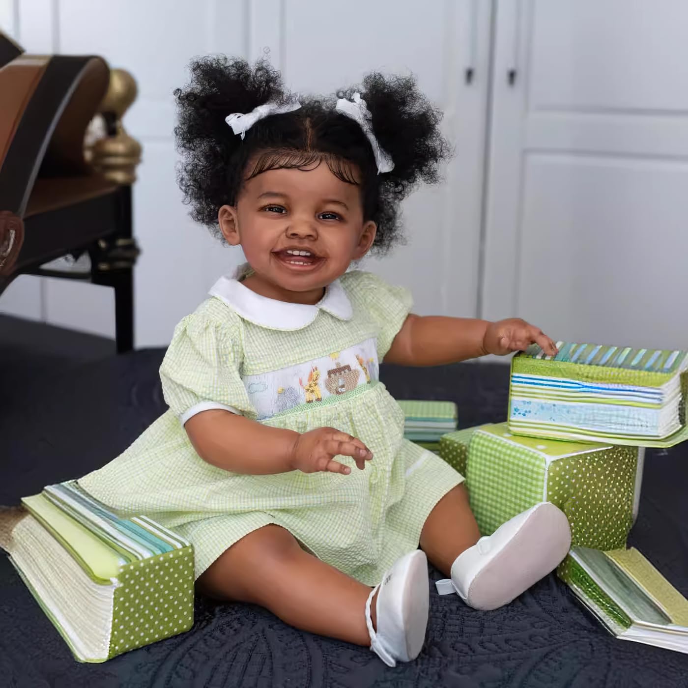 Wamdoll 24Inches Sweet Smiling Rooted Curly Hair Lifelike Reborn Baby Girl Dolls That Look Real and Feel Real, Realistic Newborn Toddler Collectible Art Doll in Dark Brown Skin