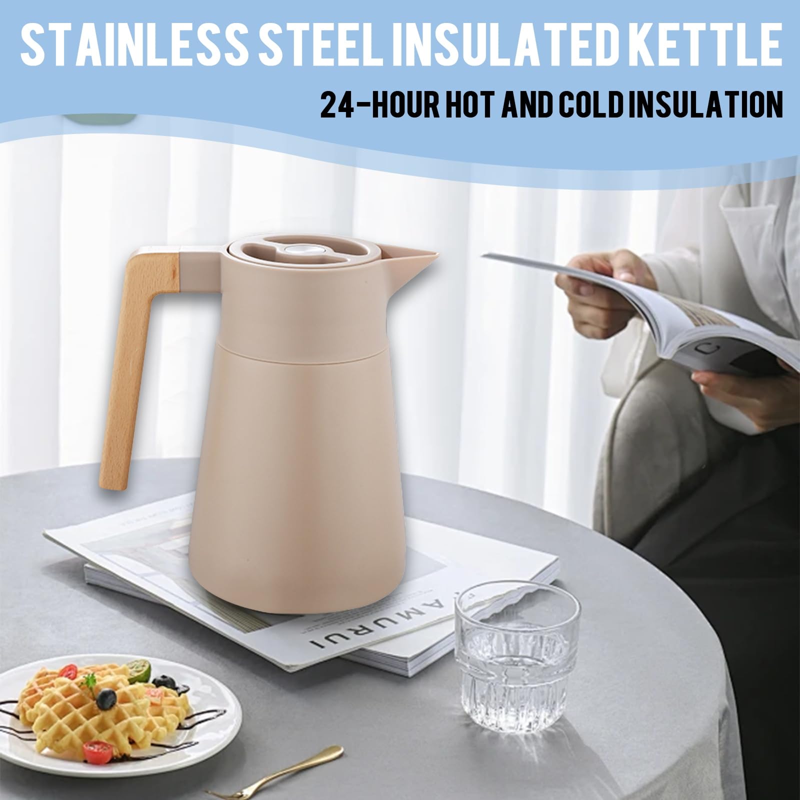 Thermoskanne Kaffeekannen Edelstahl 18/10, Vakuum Isolations, Grosse Kapazität, Mit Holzgriff, Thermosflasche Für Heißen Und Kalten Tee Kaffee, Isolierkanne, Für Home Office Hotel (Khaki,1.5L)