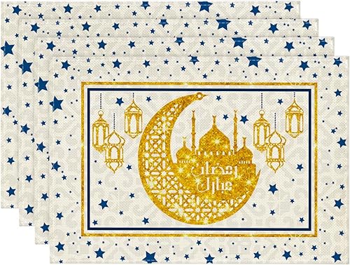 Artoid Mode White Moon Star Gloden Ramadan - Juego de 4 manteles individuales de verano de 12 x 18 pulgadas para decoración de fiesta, cocina,