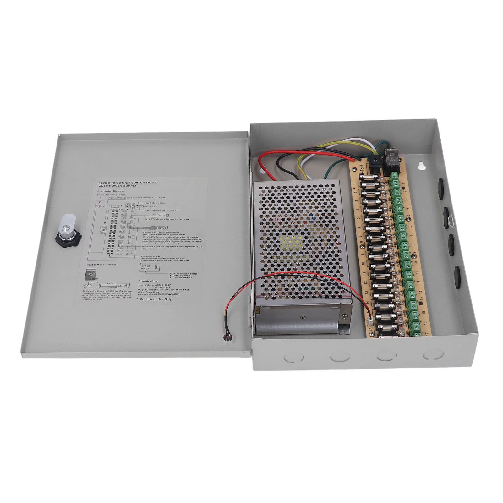 DC Box Box Box a 18 canali CCTV Alimentatore della telecamera con alloggiamento in metallo Lock CONNETTORE AC AC100V 220 V Ingresso DC12V Output DC12V (12V15A18CH)