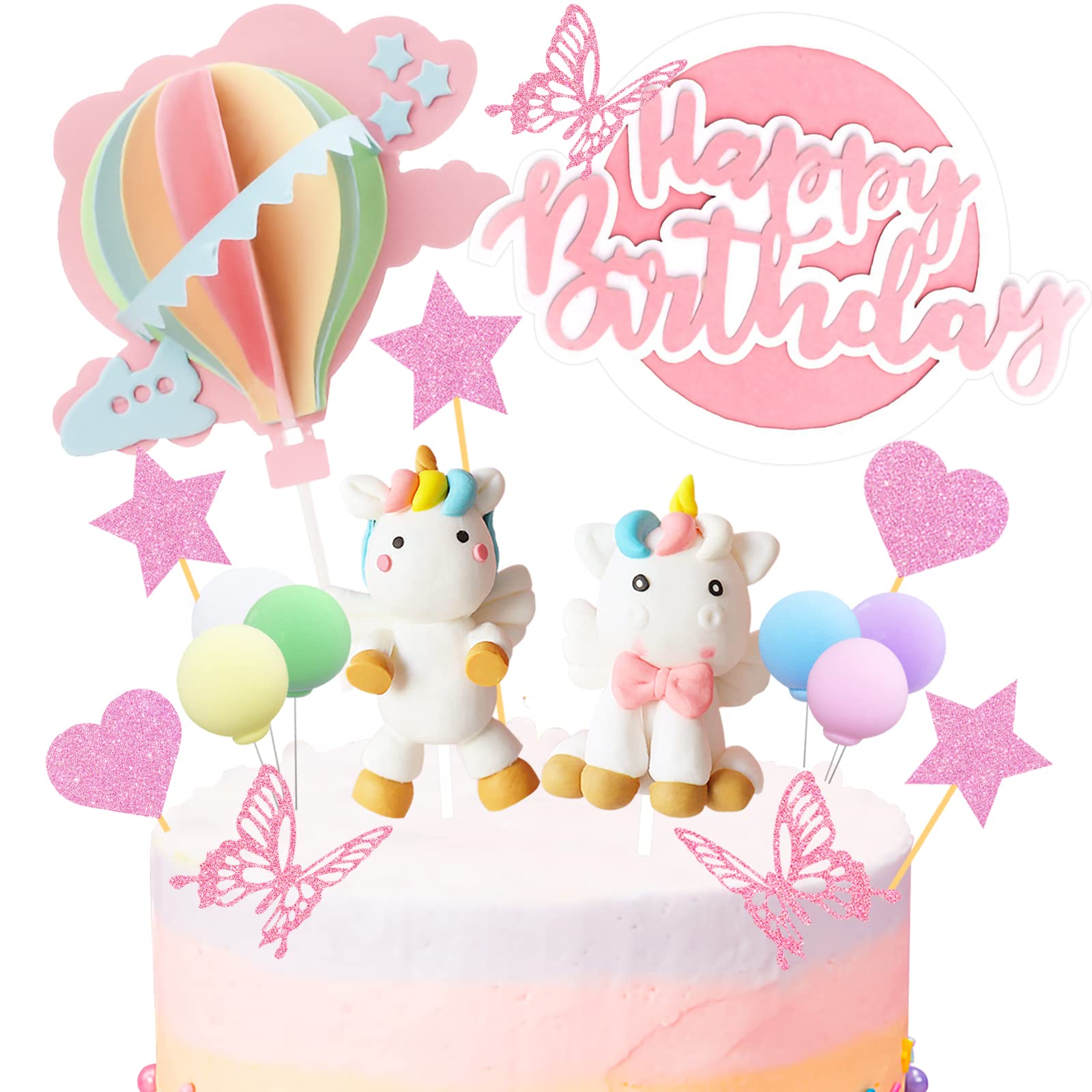 Decoración para tarta de cumpleaños, 23 unidades, decoración para tartas de unicornio, decoración de cumpleaños con unicornio, arco iris, estrella, corazón, globos coloridos, decoración para tartas de