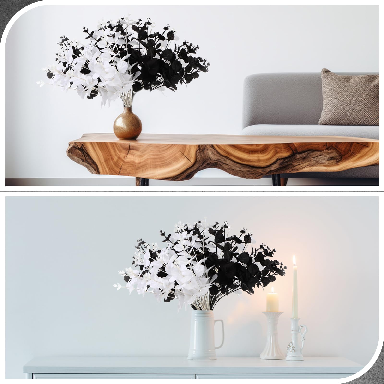 Syhood Confezione da 4 steli di eucalipto bianco e nero con 16 rami, foglie di eucalipto artificiali da 48,3 cm, decorazione di foglie di eucalipto rami bouquet finto gotico decorazione bagno per casa