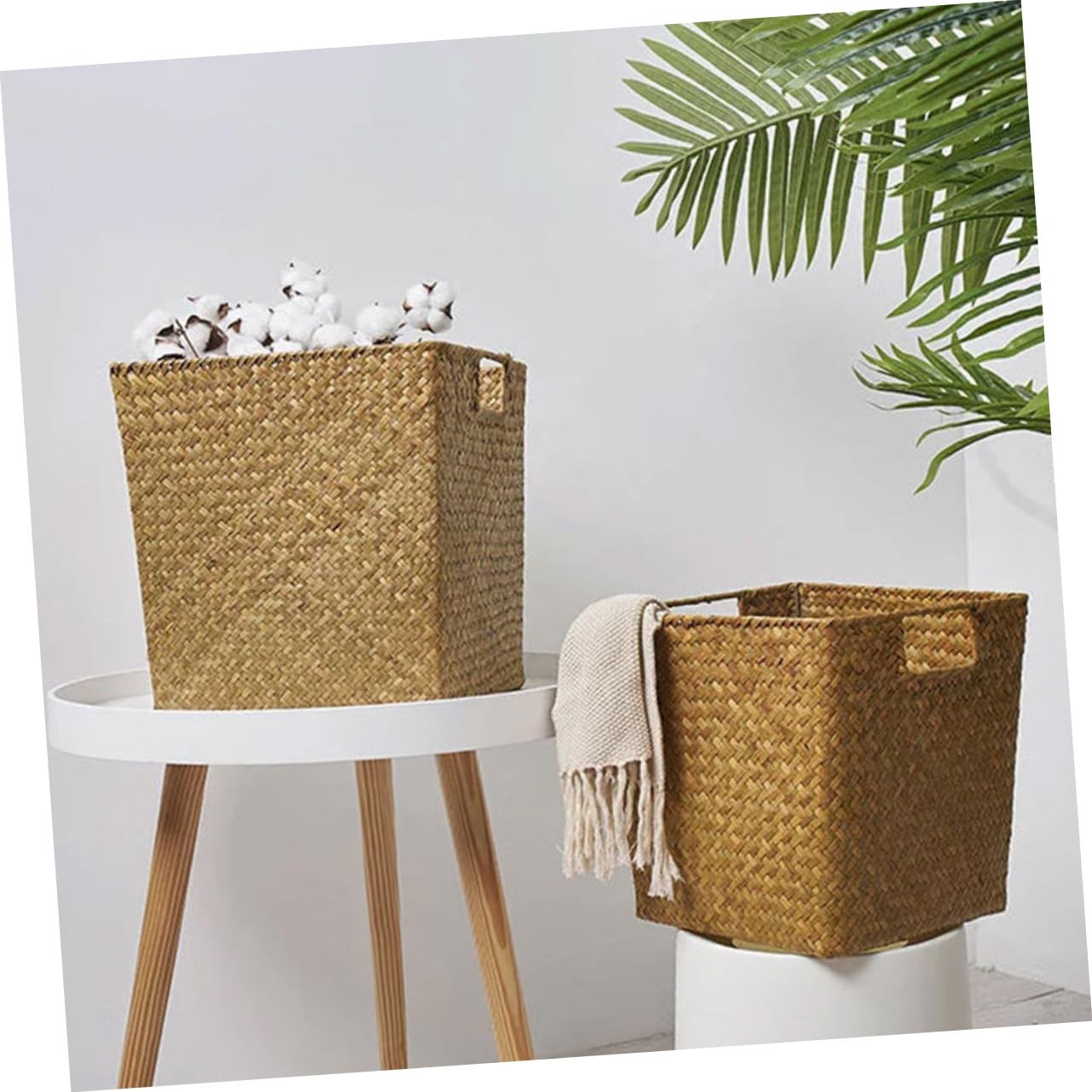 Panier Tissé à La Main En Algues Marines Jaune Panier Artisanal Décoratif Dimensions Moyennes Naturel Et Pratique Rangement Pour Salon, La Cuisine Ou Salle De Bain