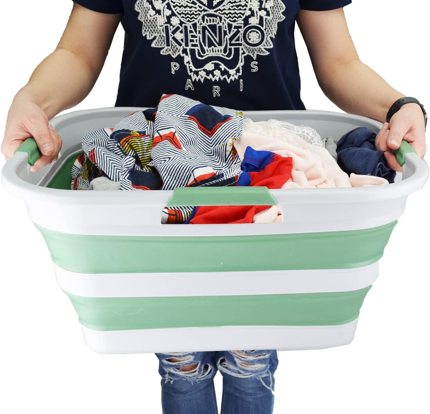 SAMMART 30L(8 gallon) Collapsible Plastic Laundry Basket-Foldable Pop Up Storage Container/Organizer-Portable Washing Tub-Water capacity: 24L(6.3 gallon) (Dark Sea Green+Slate Grey(Set of 2))