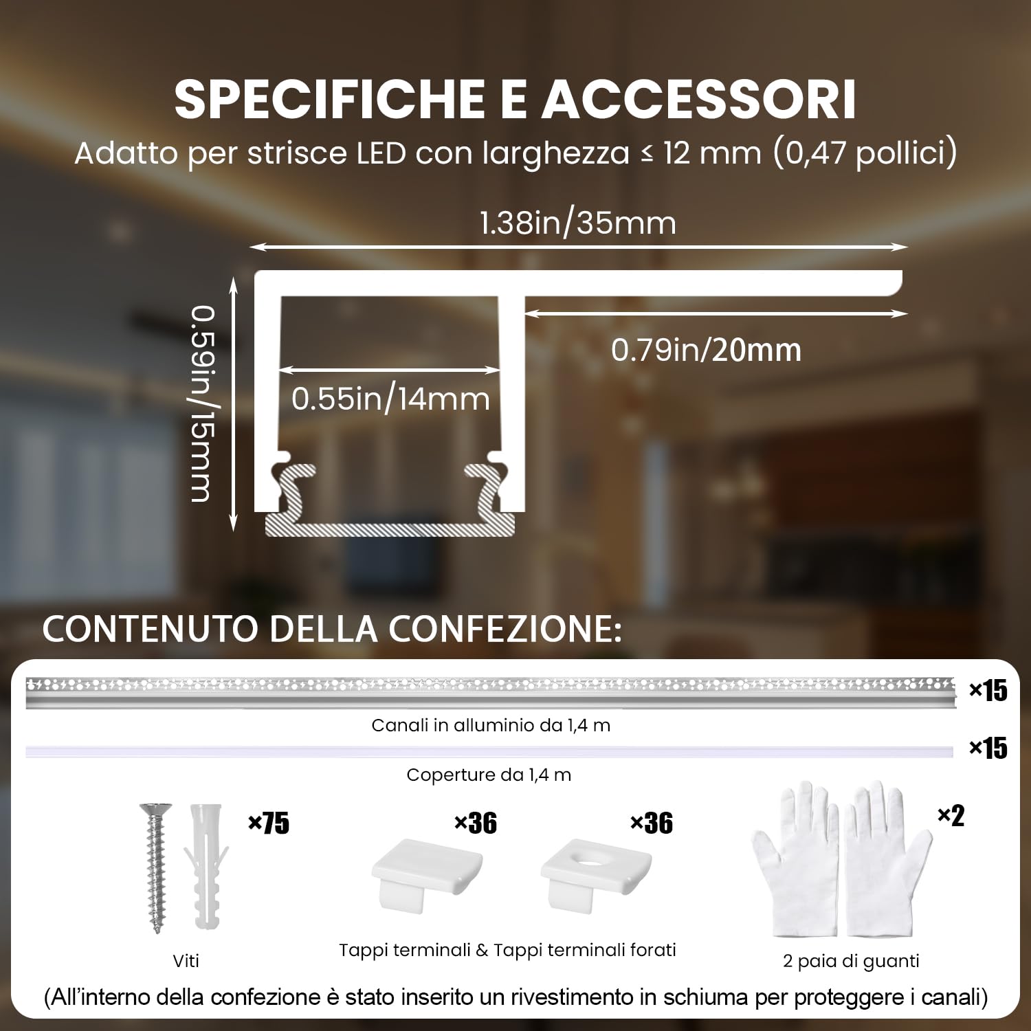 Profilo LED Alluminio Cartongesso Piastrelle, 15 pezzi 1,4 m Profilo Alluminio per Strisce LED, Canalina LED da Incasso Cartongesso con Cover Diffusore e Tappi per Soffitto, Pareti e Piastrelle (21m)