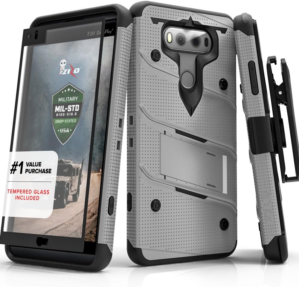 Zizo Bolt Series compatilbe with LG V20 Case Military Grade Drop Tested with Tempered Glass Screen Protector, Holster, Kickstand Gray Black
