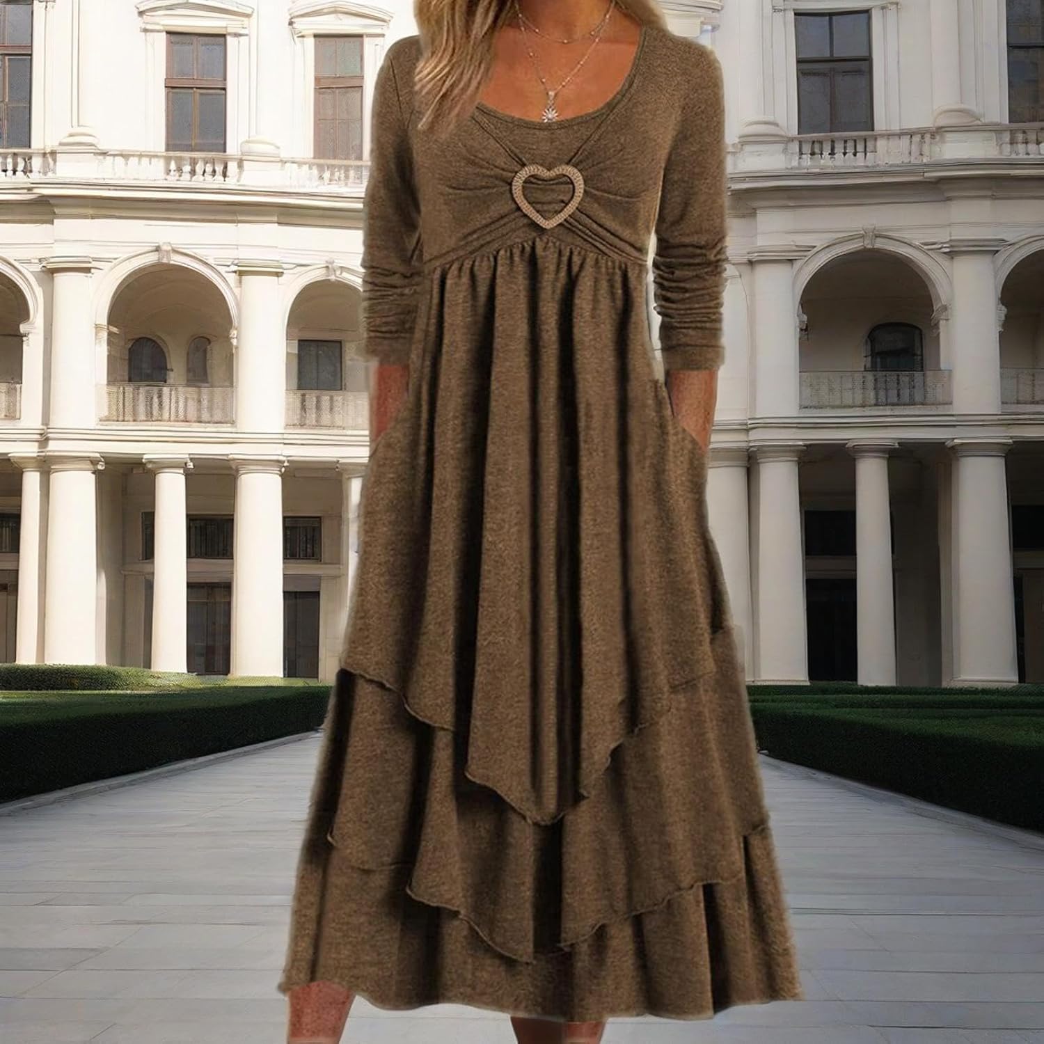Winter Dresses for Women Wedding Guests Casual Cute Heart Long Sleeve Tiered Maxi Dress with Pockets Plus Size - Image 3