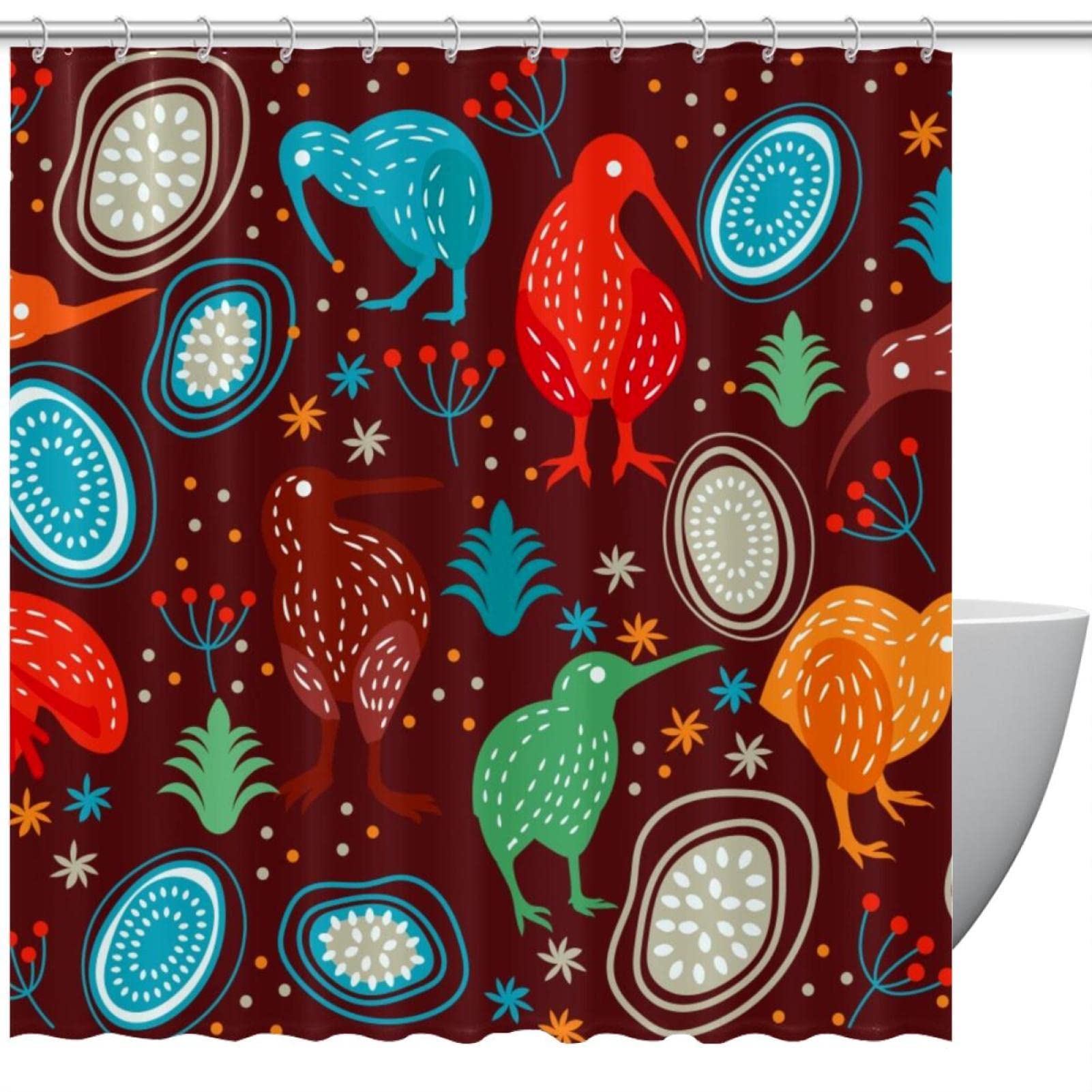 Rideau de douche en tissu imperméable et lavable motif oiseau rouge et kiwi