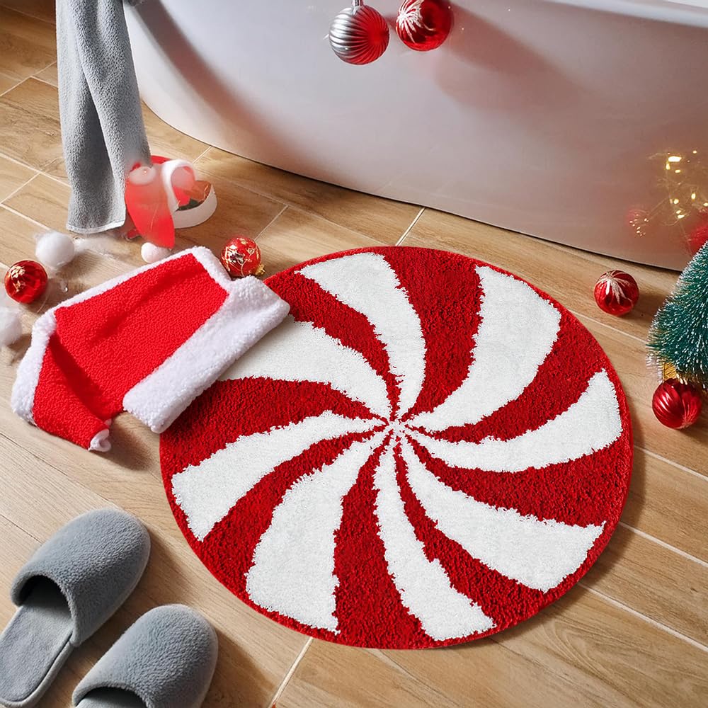 Vanleonet Christmas Bathroom Rugs 24 Inch Christmas Candy Washable Round Bath Mats Non Slip Soft Winter Red White Candy Bath Mats for Tub Dining