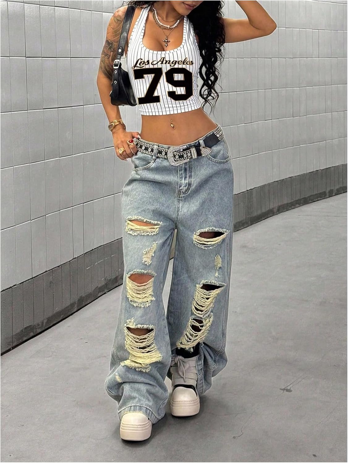 WDIRARA Women's Striped Number Graphic Halter Tank Top Y2k Sleeveless Jersey Shirt Crop Top Streetwear - Image 6