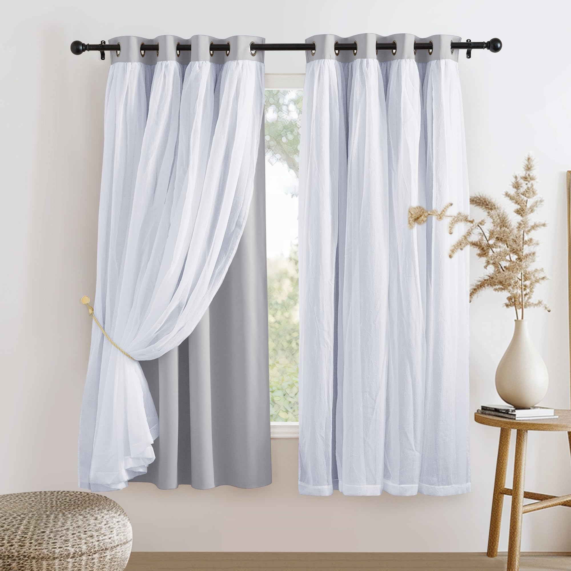 PONY DANCE Blackout Curtains Sheer Overlay, 52x63, Silver Grey, 2 Pieces