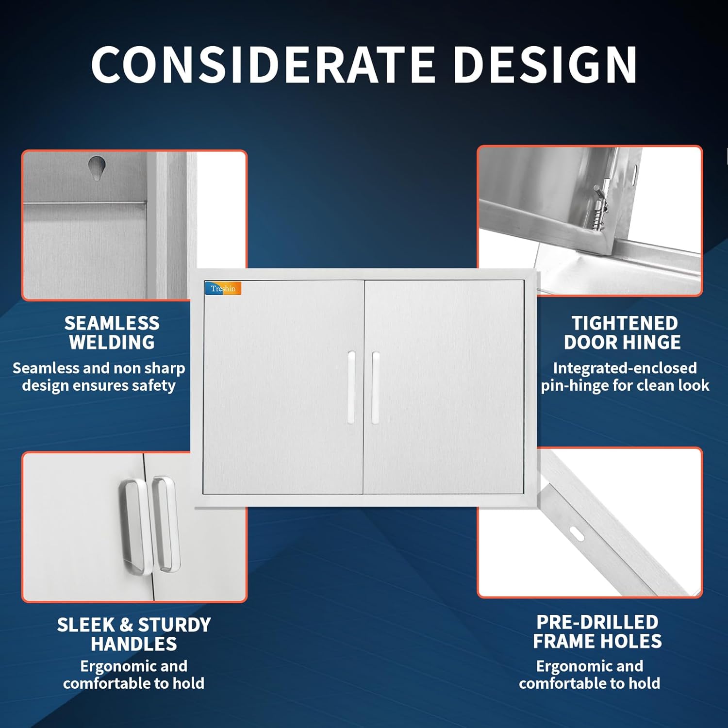 Treshin Outdoor Kitchen Doors 30" W x 21" H, Stainless Steel Double BBQ Access Door with Detachable Handles, Flush Mount, for BBQ Island, Grill Station, Outside Cabinet, Outdoor Kitchen