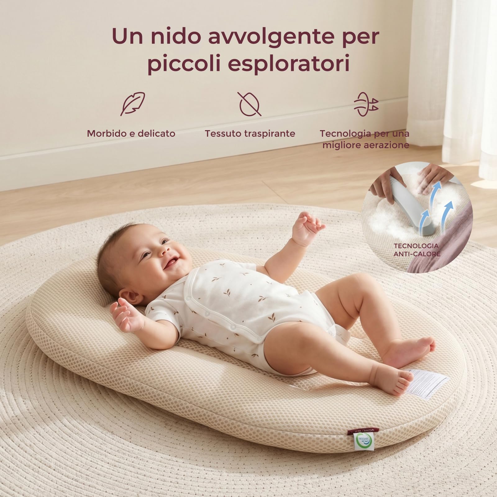 Momcozy Riduttore Lettino Neonato, Nido Neonato Traspirante con Rete 3D, Cuscino Lounger Leggero 820g con Fodera Lavabile, per Tummy Time, Gioco e Cambio, Marrone