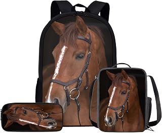 3pcs Horse Backpack for School Girls Bookbag with Lunch Box Elementary Kindergarten Preschool School Bag Purse Small Pencil Case for Teen Boys Kids Bagpack Satchel Travel Daypack