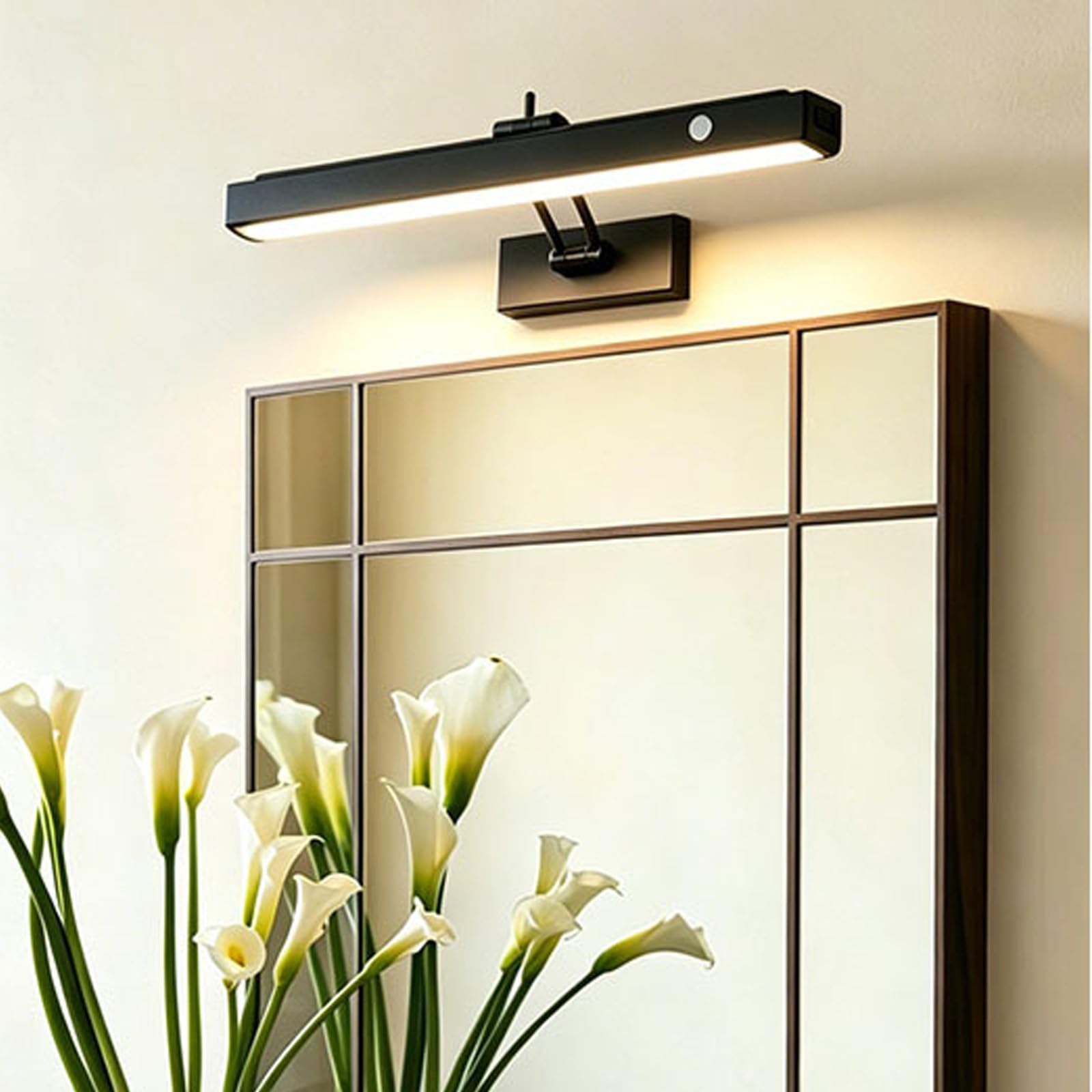 Espejo Baño LED Apliques de Pared con Interruptor Lámpara de Pared con Sensor de Movimiento Iluminación de Pared USB Recargable para Maquillaje Baño Dormitorios (Negro-Luz Cálida,42cm)
