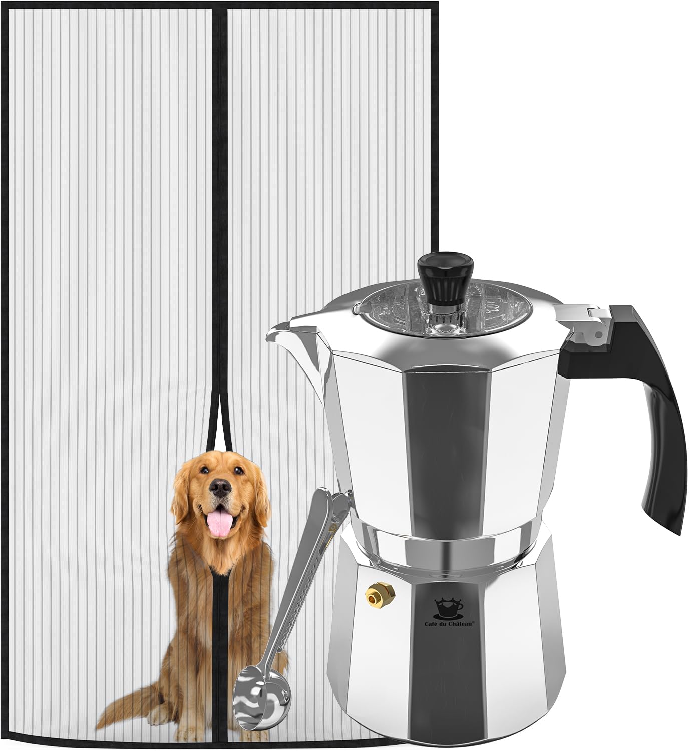 Cafe Du Chateau Espresso Maker & FLUX Magnetic Screen Door Bundle - Enjoy Coffee Indoors with Fresh Air and Bug Protection