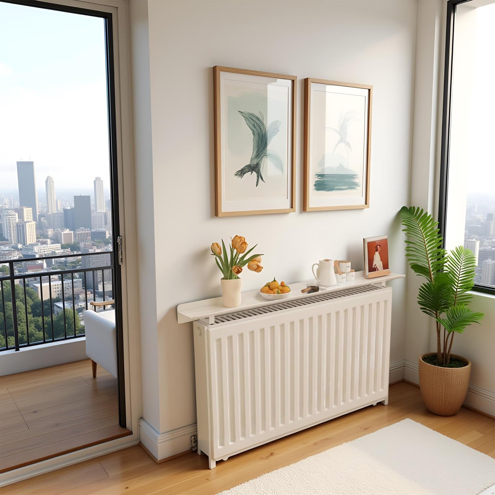 Estante de radiador con soportes, instalación sin taladro, diseño de protección de pared para unidades de calefacción domésticas, solución de almacenamiento para sala de estar y dormitorio