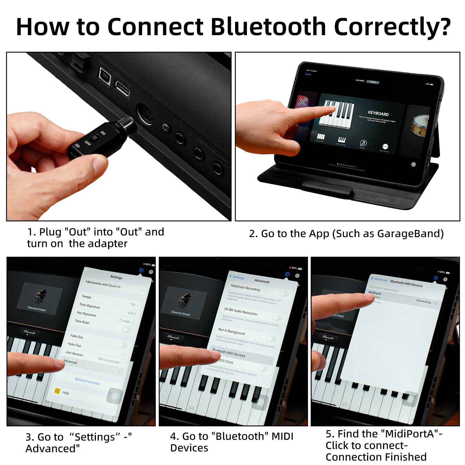 LEKATO Adaptador inalámbrico MIDI ultra baja latencia Bluetooth 5.0 MIDI DIN 5 con MIDI