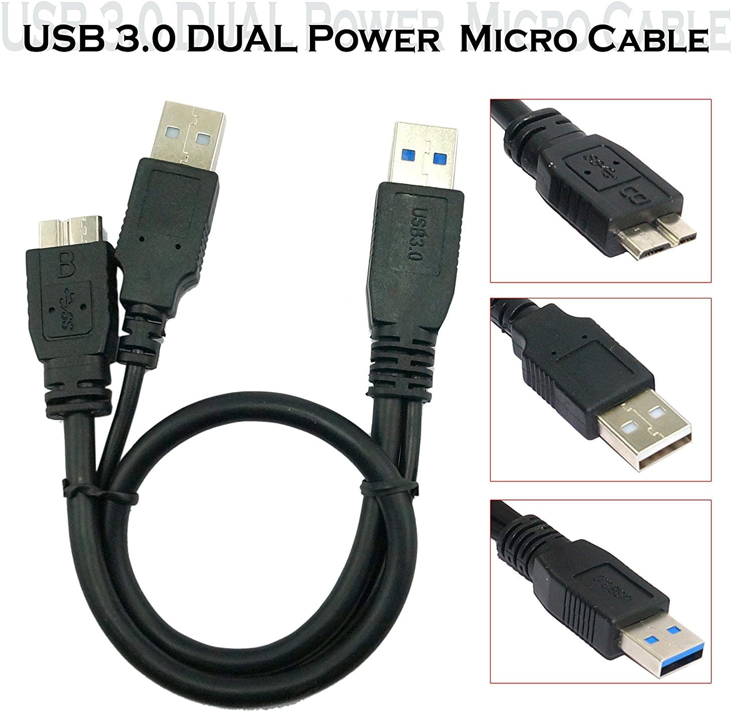 (100cm - 3 Foot - 1M) New USB 3.0 Dual Power Y Shape 2 X Type a to Micro B Superspeed Cable External Hard Drives for Seagate/Toshiba/WD/Hitachi/Samsung