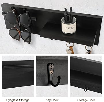 Key Holder for Wall, Decorative Entryway Shelf with Hooks Holds Keys, Dog Leash, Sunglasses Key Hanger with 3 Hooks Organizes, Enhances Home Decor (15 x 4.5 x 2.6) (Black)