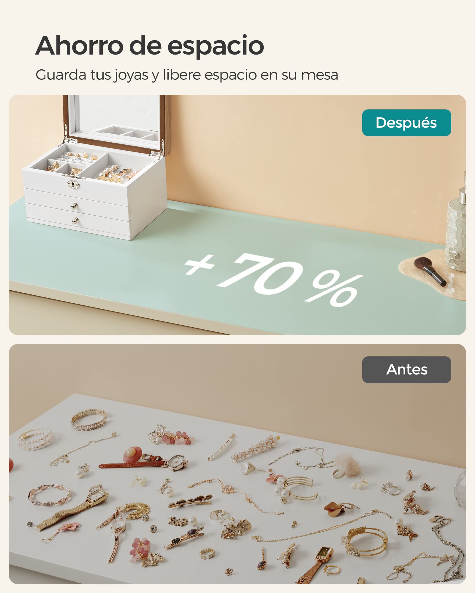 SONGMICS Caja Joyero, Caja de Joyas de 3 Niveles con Espejo Grande, 2 Cajones, Cerradura, Regalo para Seres Queridos, para Anillos, Pendientes, Pulseras, Collares, Blanco y Grano de Madera JOW15WN