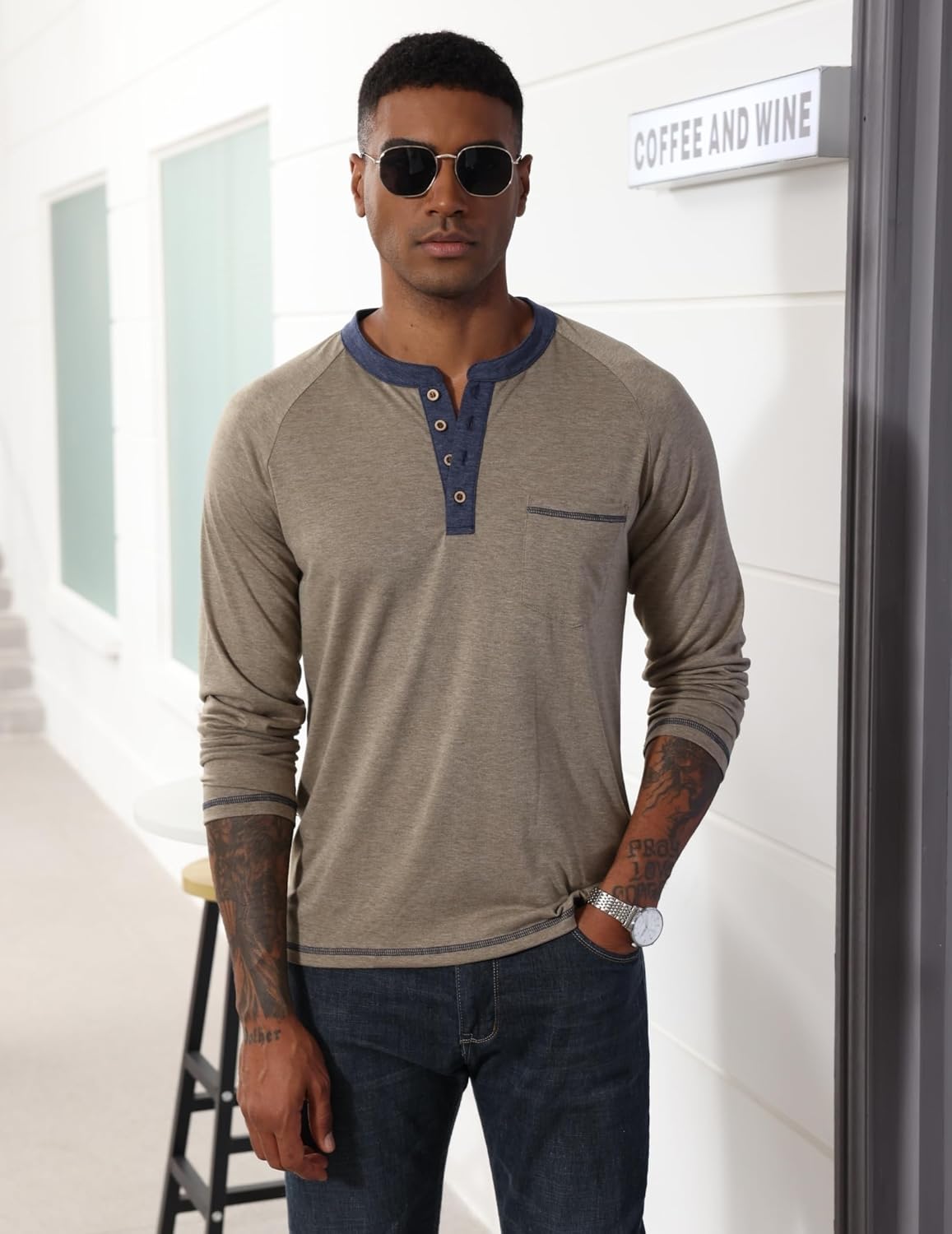 Mens Henley Shirts Long Sleeve Casual T-Shirts Basic Classic Vintage Cotton Tee Shirts Pocket Button Shirt - Image 2