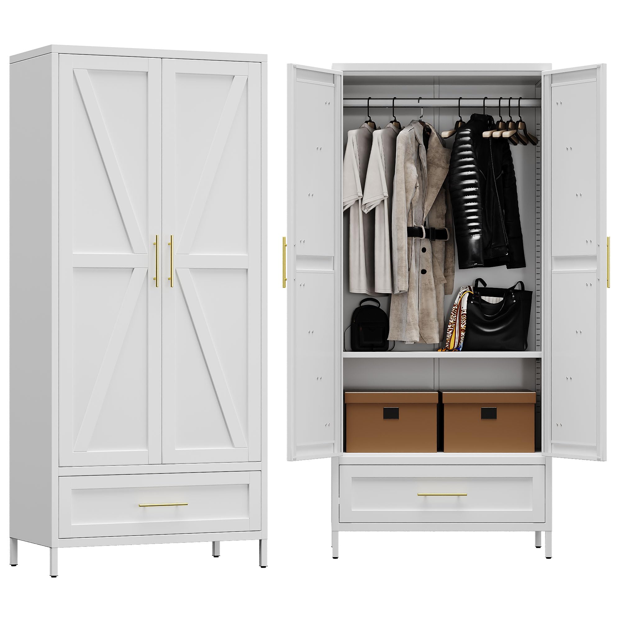 Aobabo Metal Wardrobe Cabinet with 1 Drawer, 71" H Metal Armoire Wardrobe Closet with 1 Adjustable Shelf and Hanging Rod for Home, Laundry Room, Office, Installation Required, White