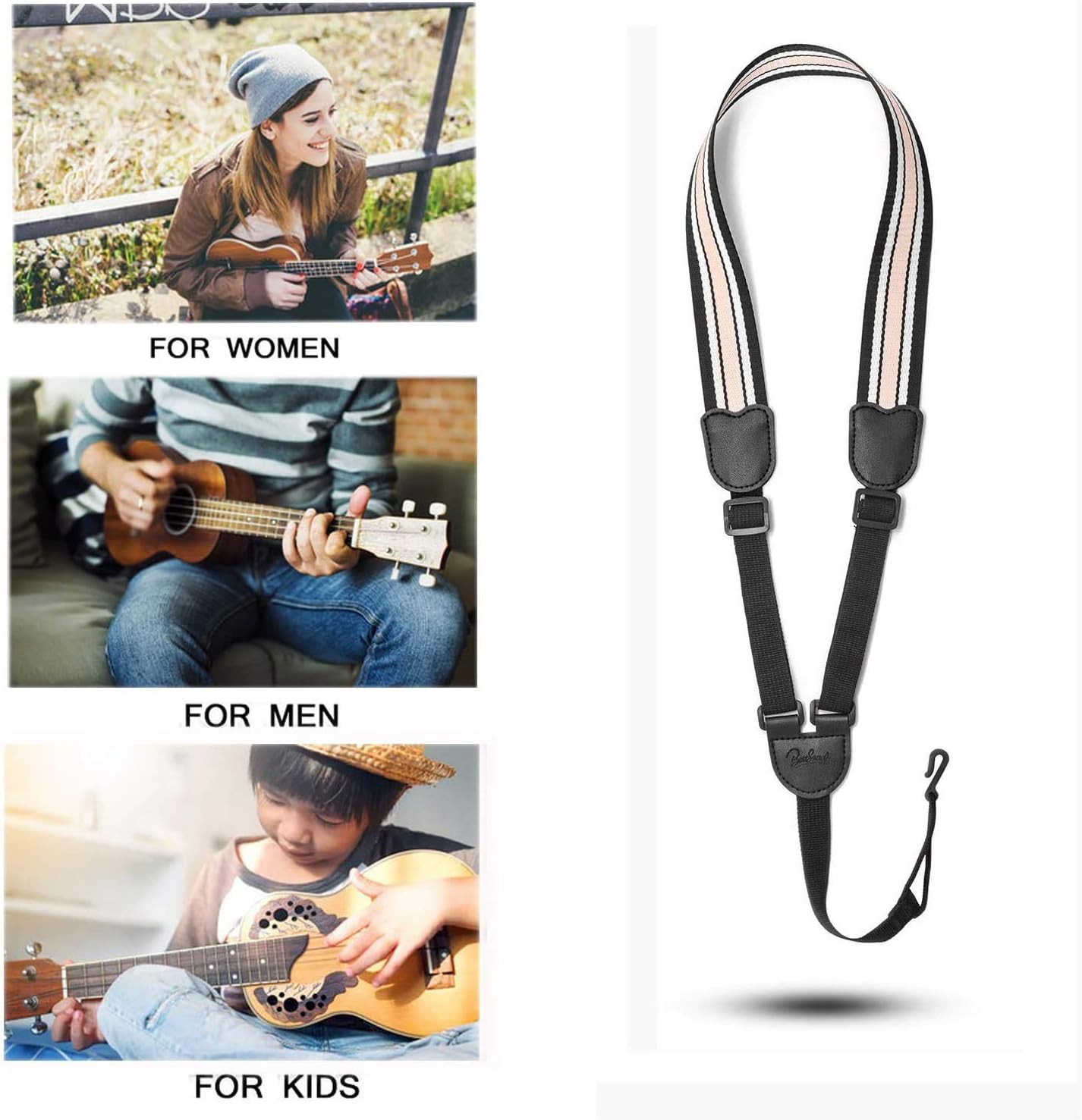 BestSounds Clip On Ukulele Strap,Adjustable J Hook Neck Strap in Various Length & Ukulele Strap no Drilling for Soprano Concert Tenor Ukulele (Champagne/White)