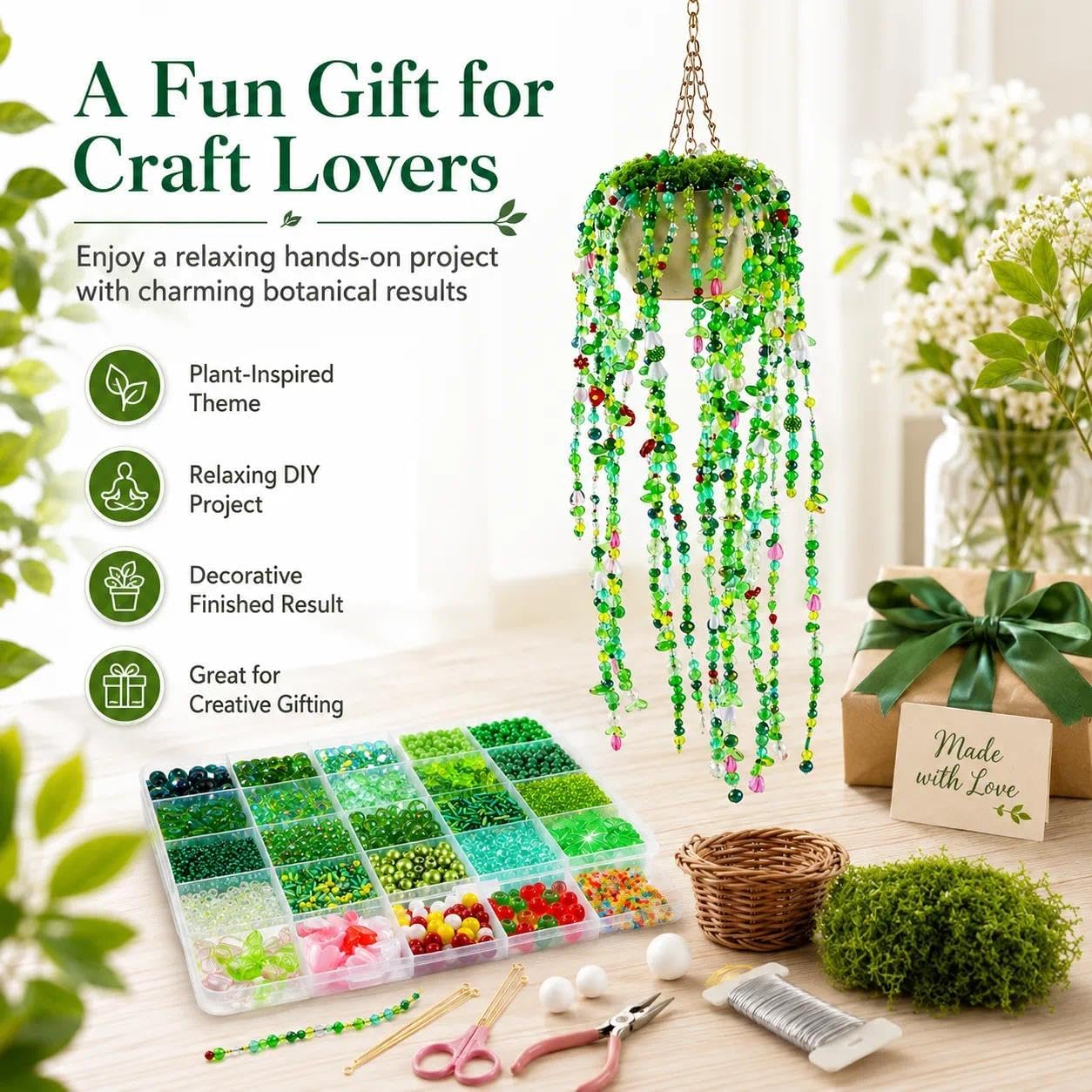 DUARIHA Green Glass Beaded Plant Kit, Succulent-Style Beaded Leaf Flower DIY Craft Kit, Botanical Glass Beads for Jewelry Making, Handmade Ornaments, Desk Decor and Creative Gifts