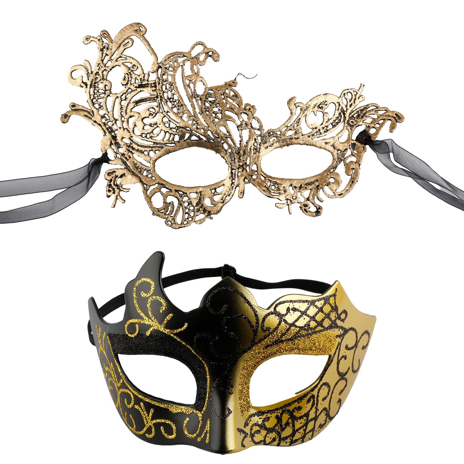 Tabanzhe Gold Masquerade Mask Set for Couples – Venetian Lace & Plastic Eye Masks for Men and Women Sexy Costume Half Face Mask for Halloween Party Carnival Costumes