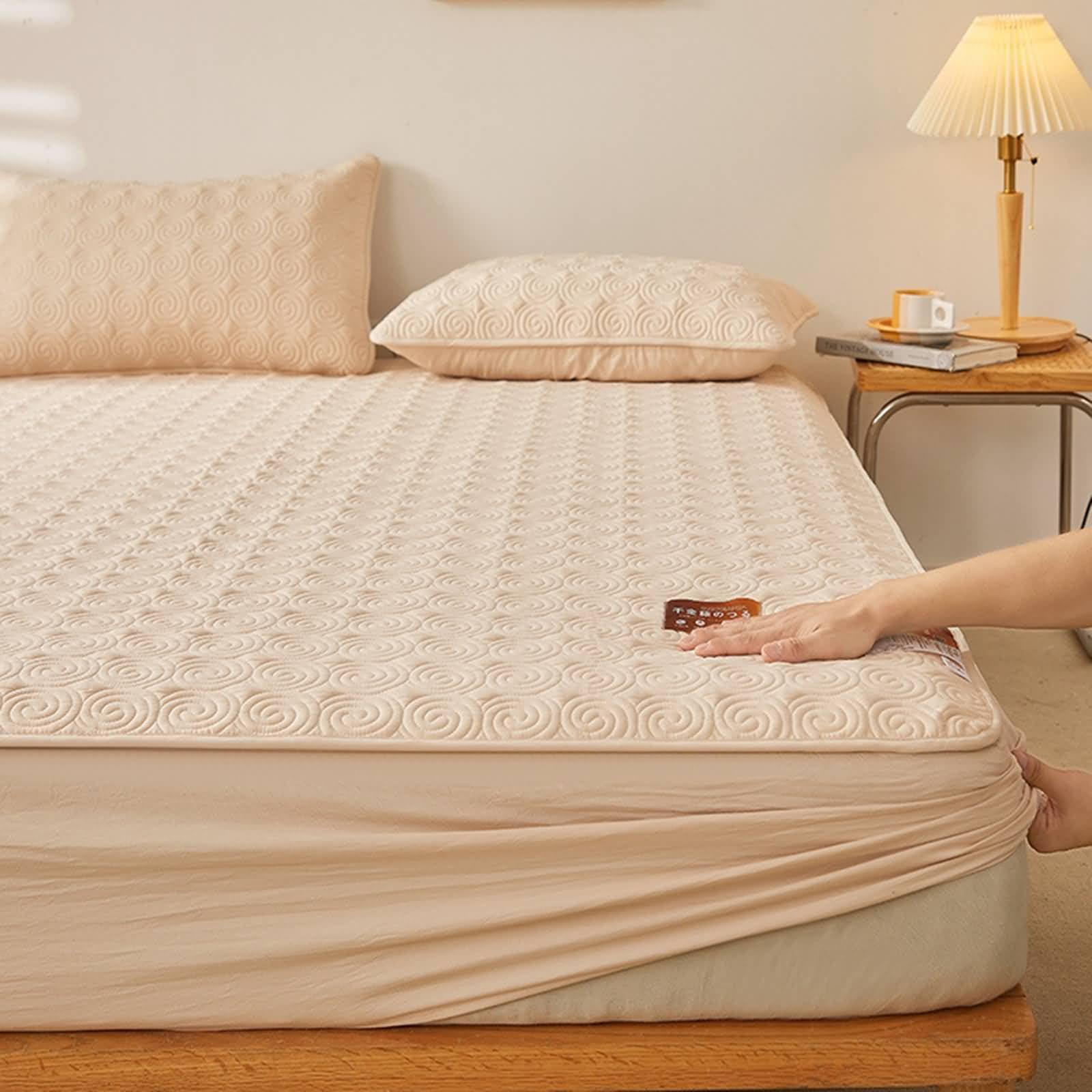 Sábanas elásticas con esquinas, sábana de cama de una plaza y media y 2 fundas de almohada de algodón liso a rayas circulares estructuradas, sábanas encimeras de verano, 120 x 200 x 30 cm