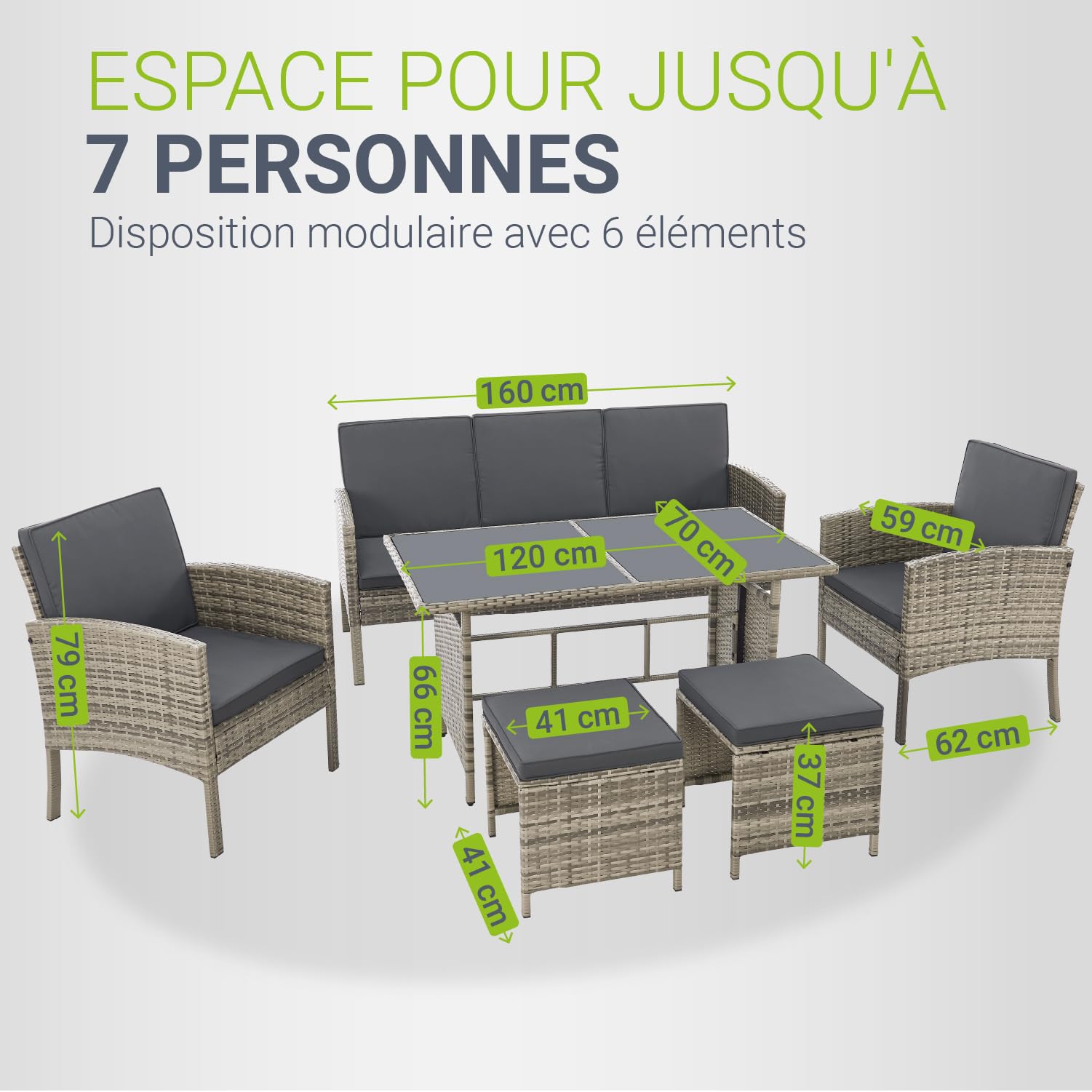 Juskys Salon de Jardin 6 pièces Turin en polyrotin - 7 Personnes - Mobilier d'extérieur avec fauteuils, tabourets, Table & Coussins - Meubles de Jardin pour Coin Lounge - Gris