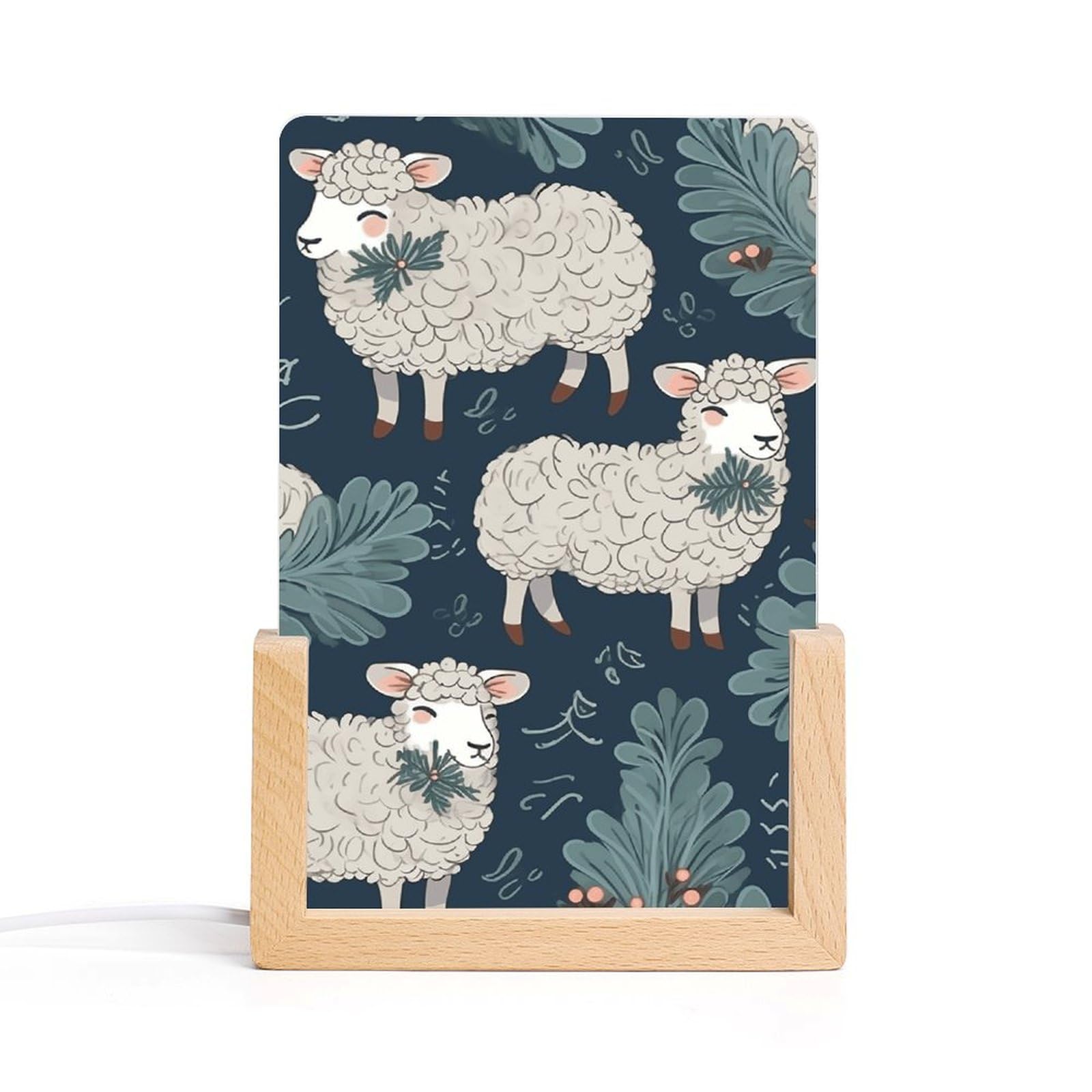 JTREHY Acrylic Night Light,Sheep and Holly Tree Printed Wooden Base LED Night Light Modern Home Decoration Light with USB Switch Cable for Bar Cafe Bedroom Room Decoration