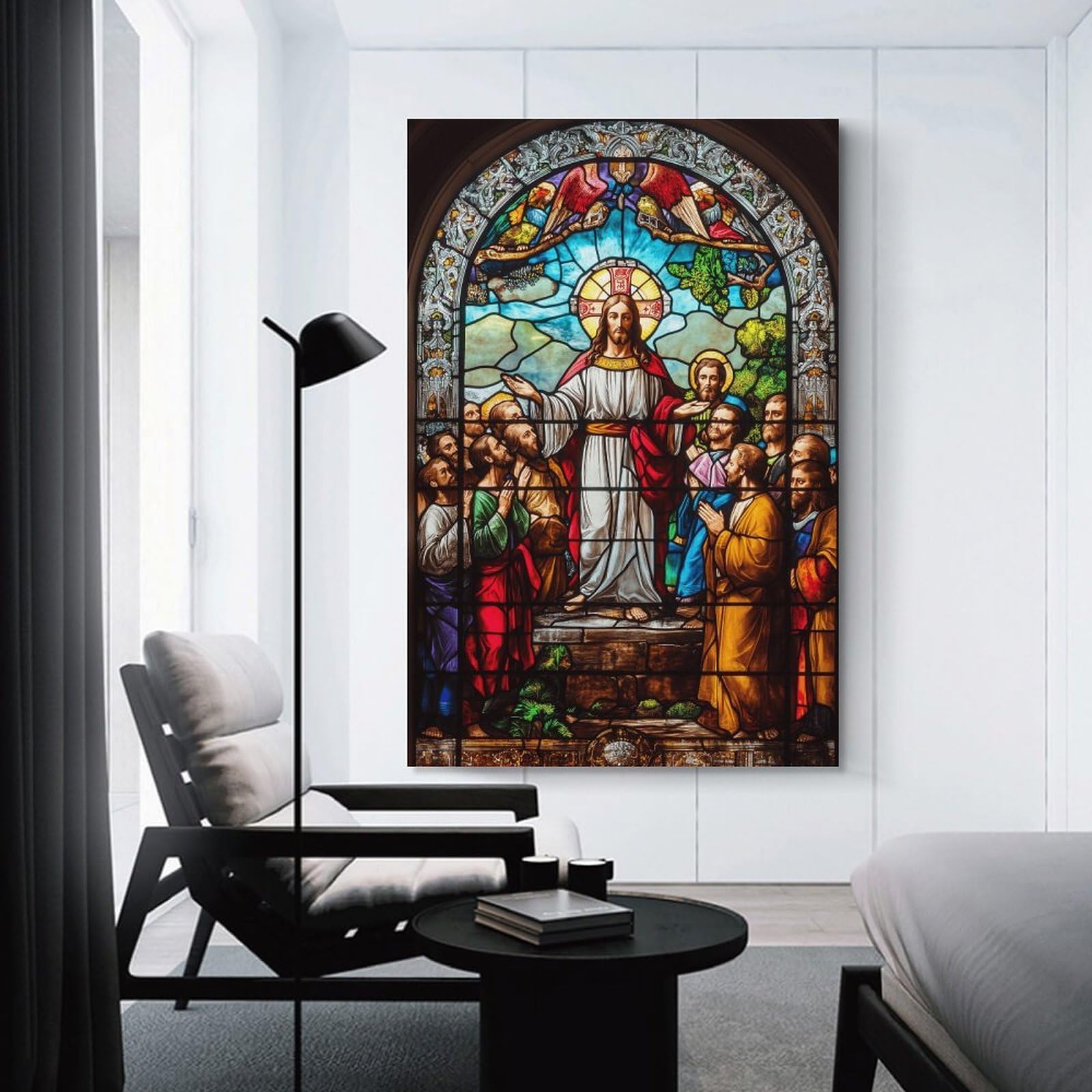 Junmoney Unframe-Style-16 Stained Glass Window Jesus Canvas Wall Decor, 20X30inch(50X75cm), For Flats, Guest Rooms Or Compact Rooms, Decorative Canvas Decor For Home Updates
