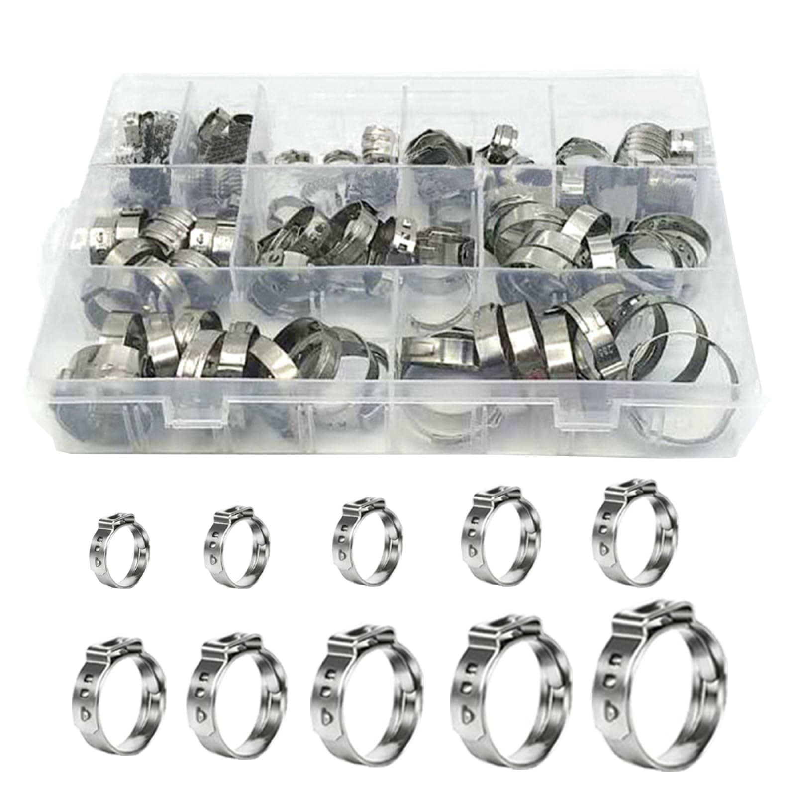SagaSave 120 Pieces 0.23-1.12in 304 Stainless Steel Single Ear Hose Clamps, Crimp Hose Clamp Assortment Kit, Crimp Hose Clamps with Ear Clamps Pincer Perfect for Automotive, Home Appliance Line