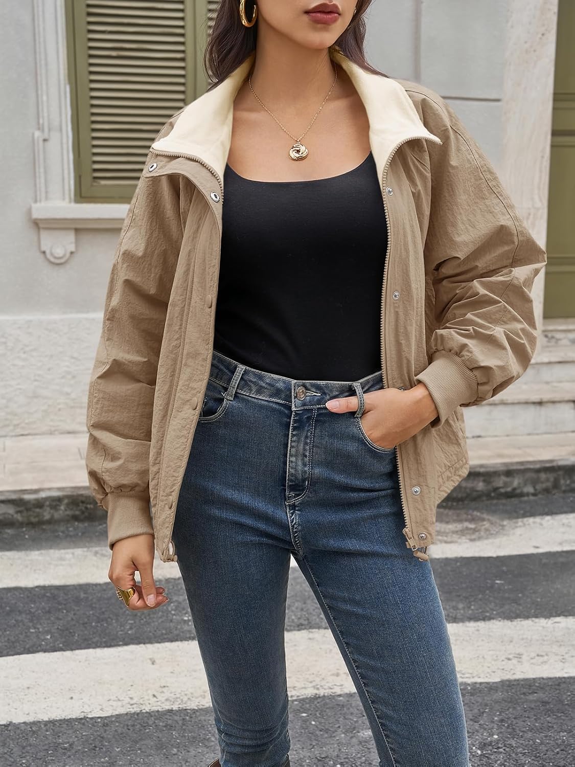 Tankaneo Womens Fleece Lined Cropped Jackets Full Zip Oversized Casual Coats Winter Warm Outerwear Overcoats - Image 3