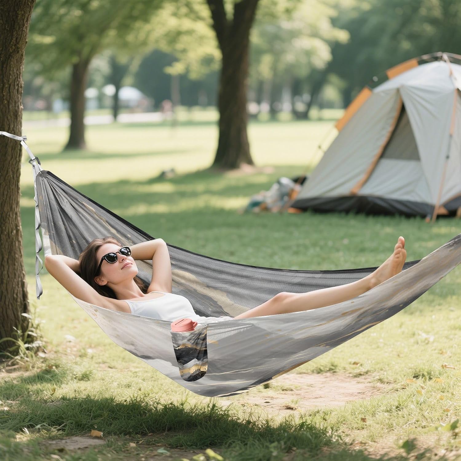 ALAZA Black & Gold Marble Mountain Camping Hammocks Single or 2 Person 500 lbs Portable Parachute Travel Hammock w/Tree Straps for Hiking Backpacking Indoor Outdoor