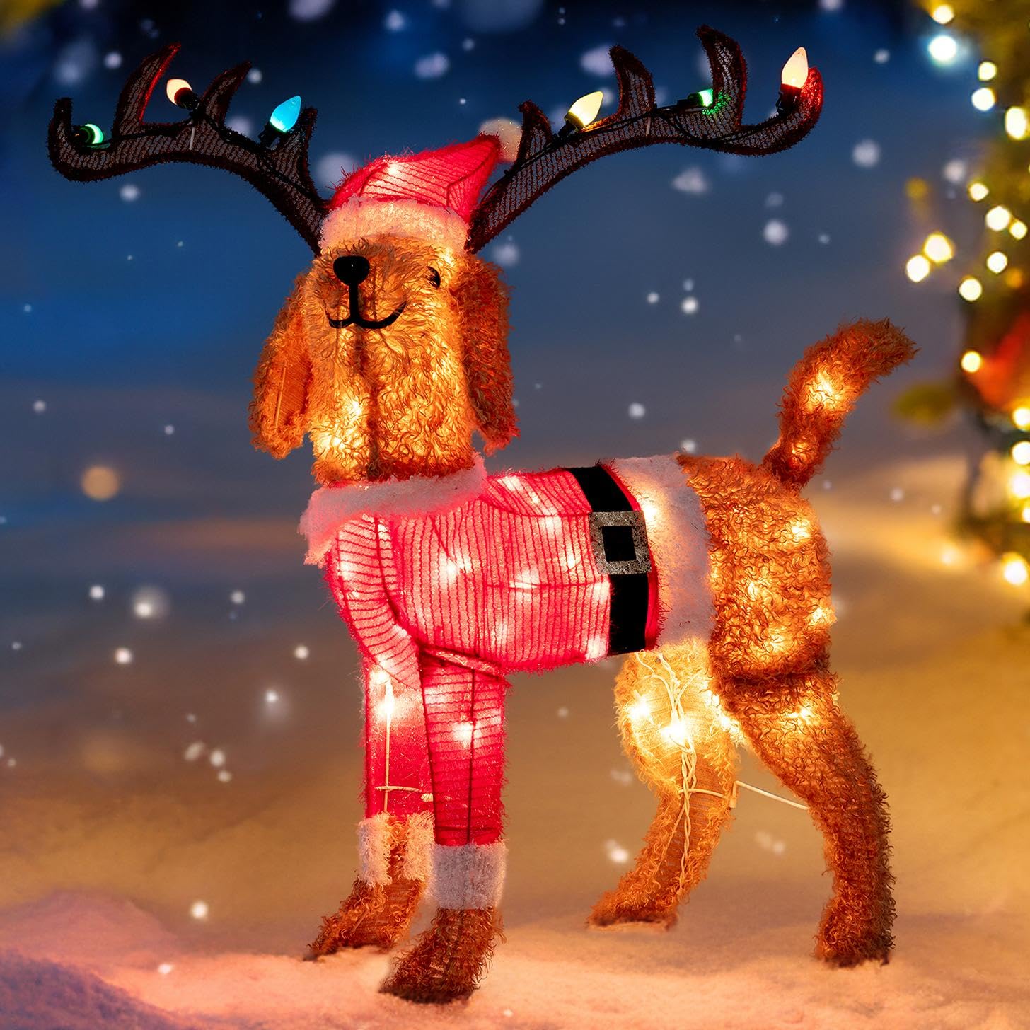 Sunjoy 34 Inch Christmas Lighted Fabric Dog, 3D Tinsel Santa Dog Outdoor Garden Yard Lawn Festive Holiday Decoration with Lights for Indoor & Outdoor