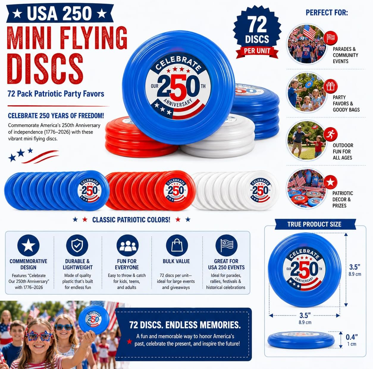 Fun Express 72 Pc. USA 250 Commemorative Mini Flying Discs – Bulk Patriotic Party Favors for 250th Anniversary Celebrations (1776–2026) – Semiquincentennial Giveaways for Parades & Events