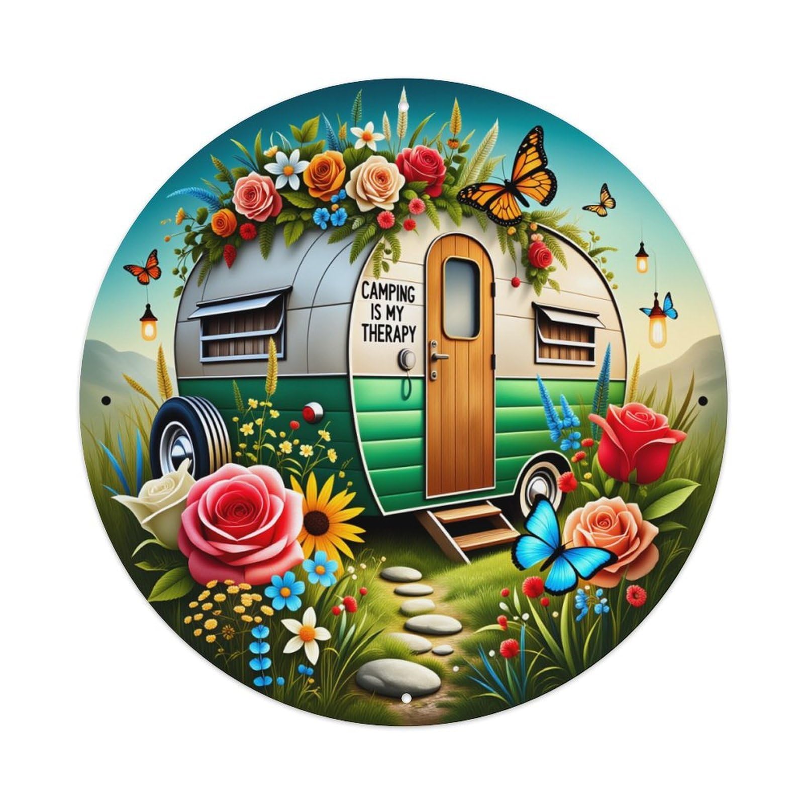 Camping Therapy Floral Trailer Garden Round Tin Sign Vintage Style Metal Sign Home Bar Garden Wall Plaque Decor Metal Poster 8x8 Inch