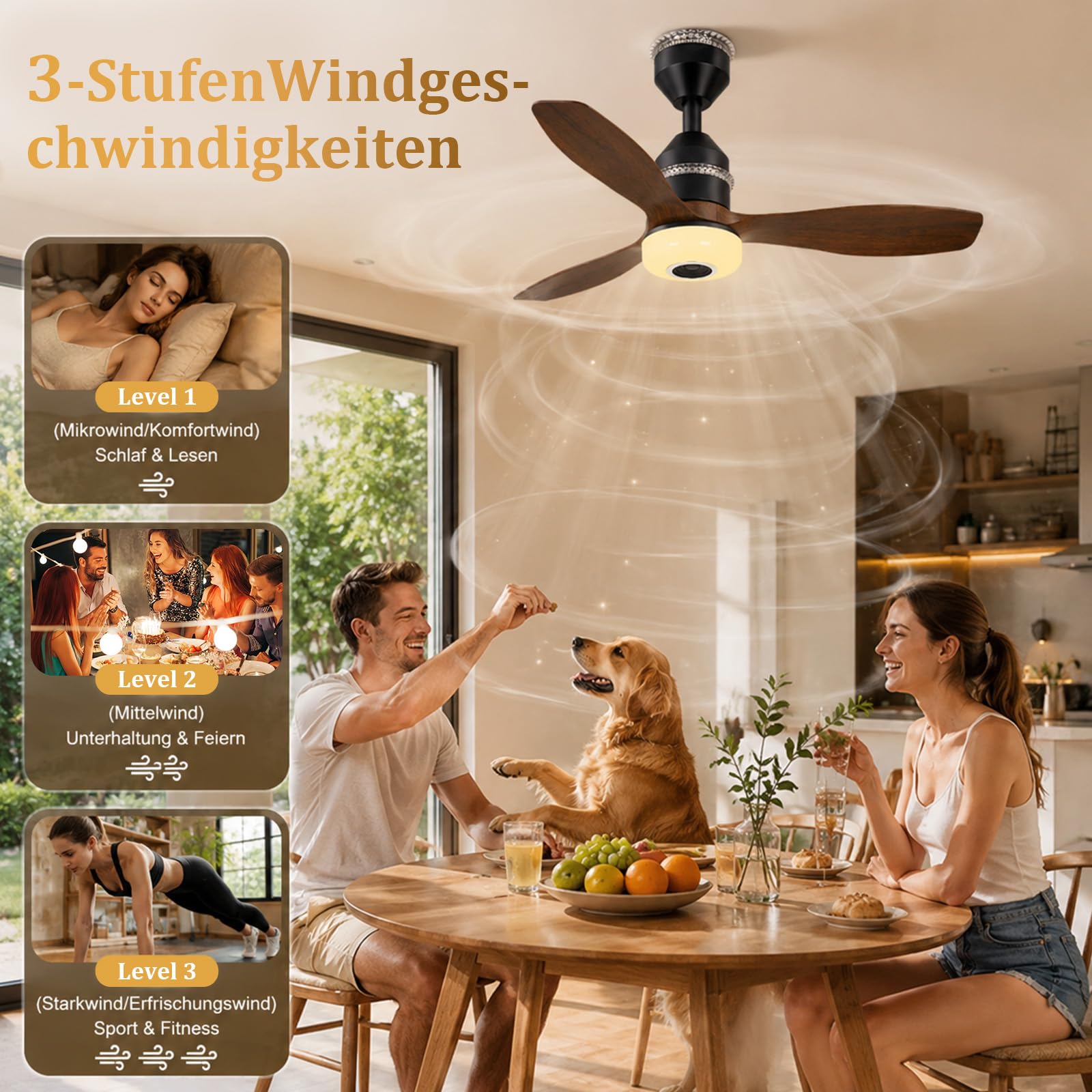 Smart Deckenventilator mit Beleuchtung, Bluetooth-Musik, Ø61cm RGB Dimmbar Deckenleuchte mit Ventilator, 3000-6500K, 3 Geschwindigkeit, Reversibel DC, für Schlafzimmer Kinderzimmer Garage