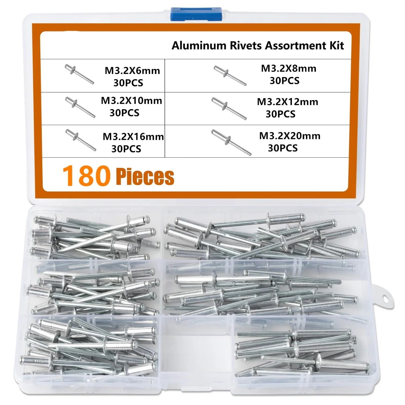 70-180 pièces Rivets en Aluminium Pop M3.2 M4 M4.8 tête de dôme Rivets aveugles Kit d'assortiment en Aluminium Ensemble de Rivets d'échappement (Size : M3.2(180PCS))